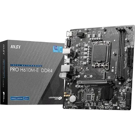 MSI PRO H610M-E DDR4 Motherboard, Micro-ATX - Supports 14th/13th/12th Gen Intel Core Processors, LGA 1700-2 x DIMMs (3200MHz), 1x PCIe 4.0 x16 slot, 1 x M.2 Gen3, USB 3.2 Gen1, 1G LAN, HDMI 1.4 & VGA